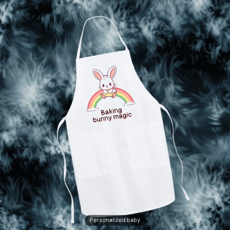 Funny apron with a fluffy bunny and oversized ears hopping joyfully over a bright rainbow, for cooking.