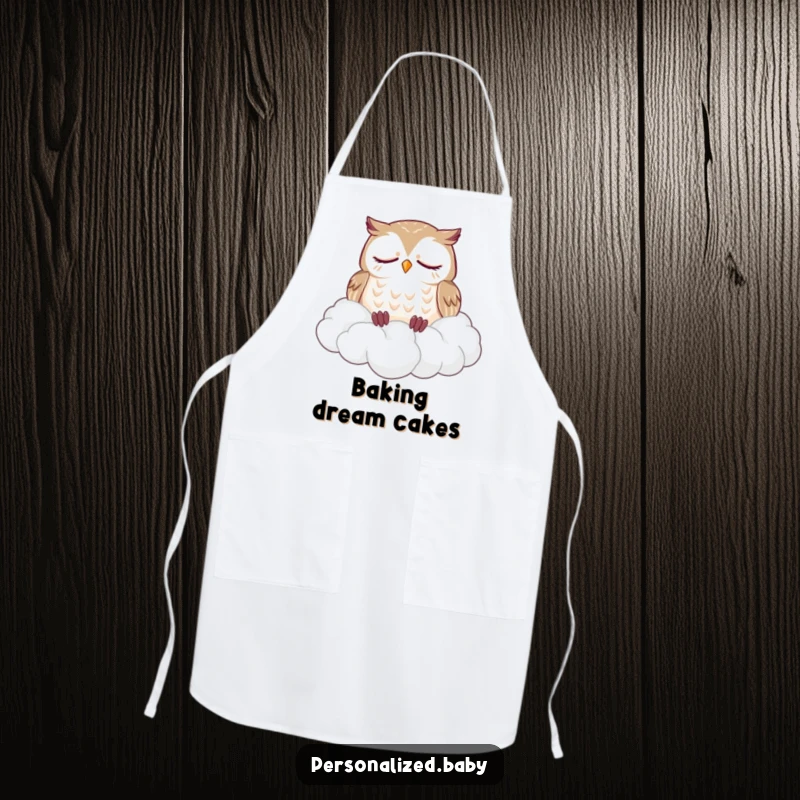 Funny apron featuring a sleepy owl dozing soundly on a fluffy pile of clouds, a humorous and practical kitchen accessory.