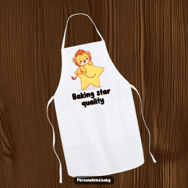 Funny apron featuring a brave lion cub climbing a smiling star, adding a humorous and inspiring touch to kitchen tasks.