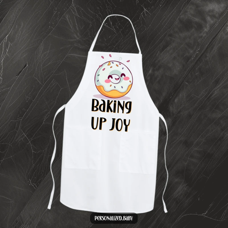 Funny apron featuring a giggling, rolling donut with sprinkles, ideal for baking and adding humor to the kitchen, great funny gift.