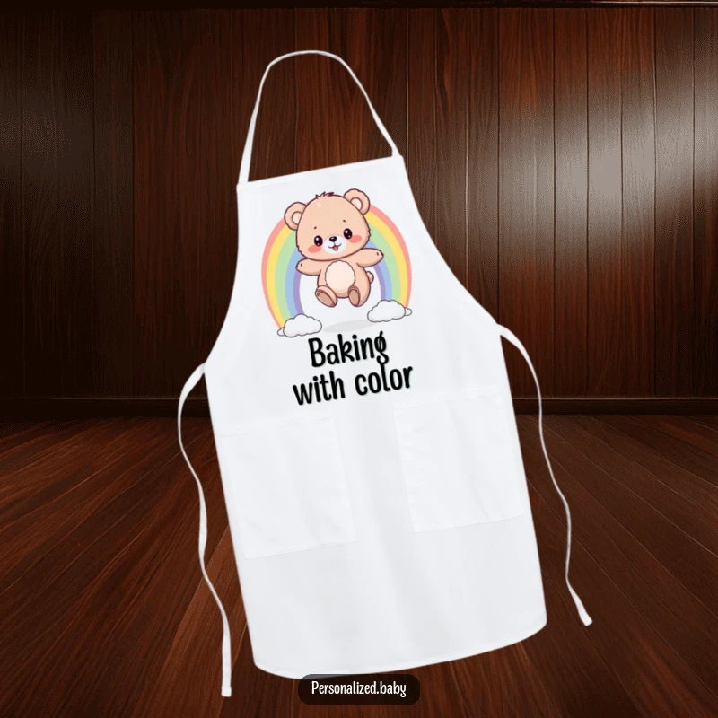 Funny apron featuring a fluffy bear cub bouncing on a colorful rainbow, a cheerful and practical kitchen accessory.