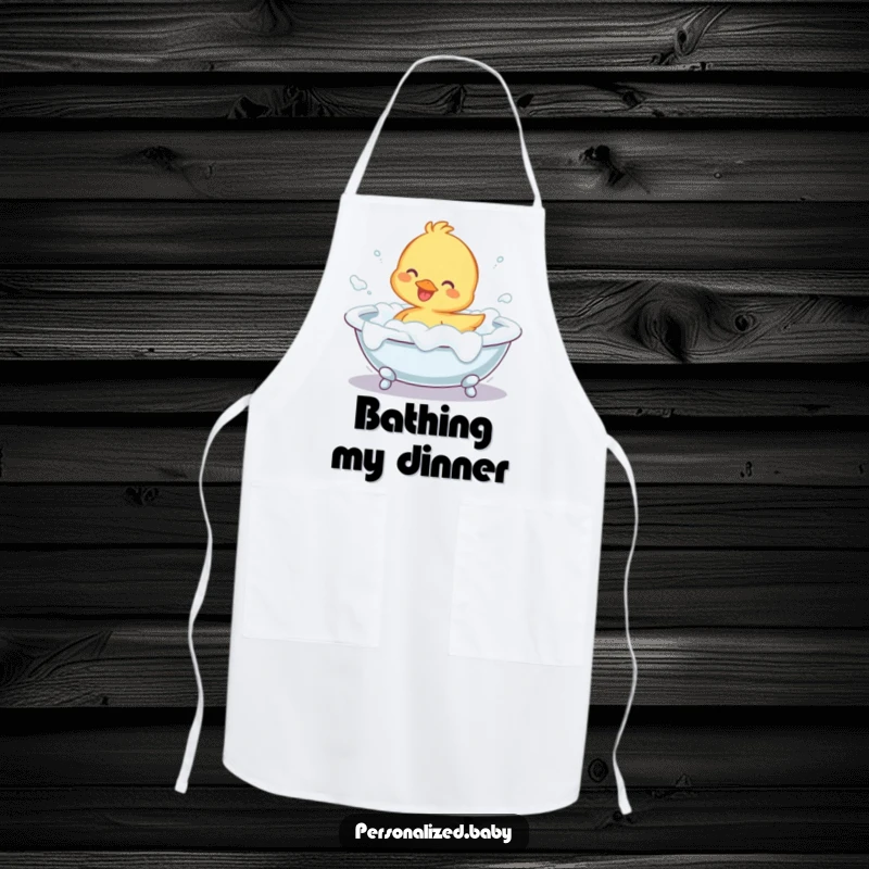 Funny Apron showcasing a cheerful duckling splashing in a foam-filled bathtub, perfect for kitchen humor and bath lovers.