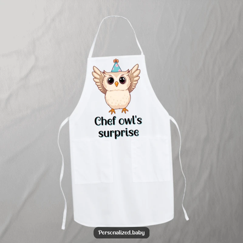 Funny apron with a baby owl in a party hat swooping, a humorous and practical kitchen accessory for chefs.