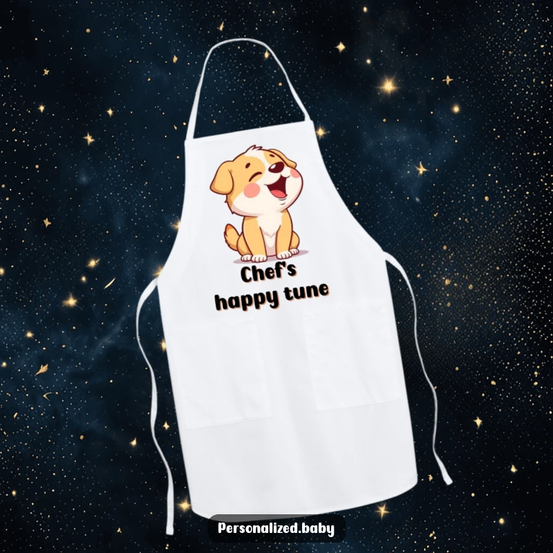 Funny Singing Dog Apron showing a giggling dog character with head tilted back, singing joyfully, bringing musical humor to cooking tasks.