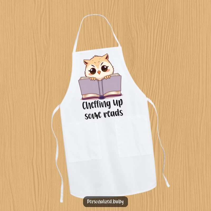 Funny owl chick apron, a sleepy bird emerging from a book, humorous kitchen accessory for reading foodies.