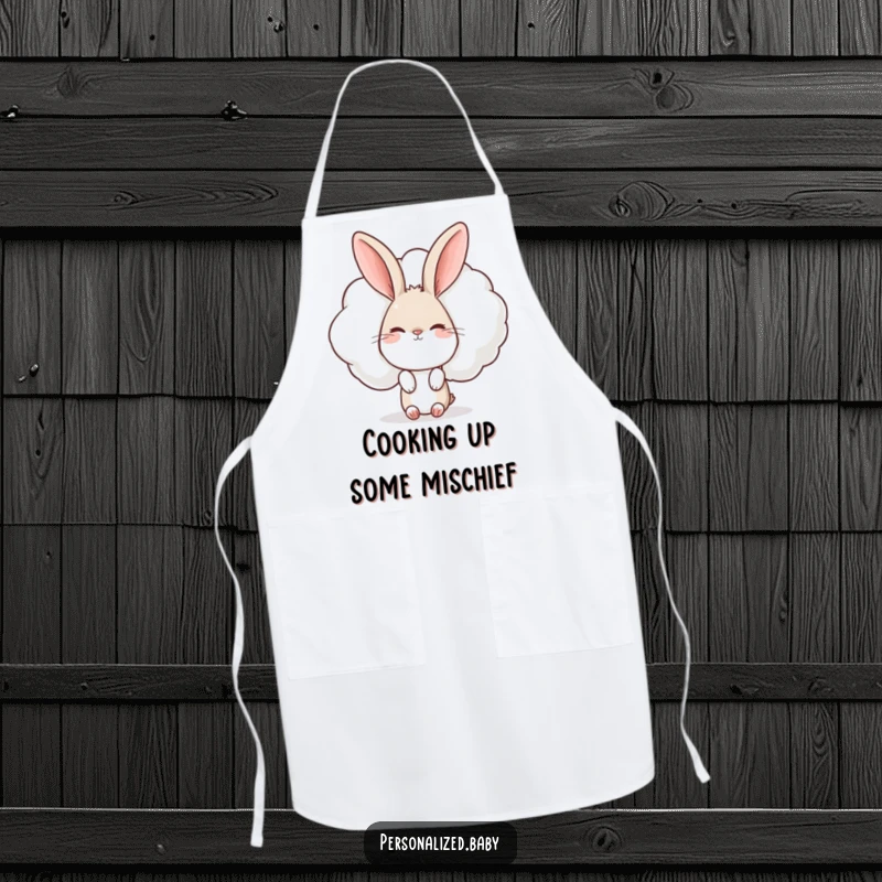 Funny Rabbit Apron: Chef's apron featuring a curious rabbit peeking from behind a winking cloud, ideal for adding humor to cooking.