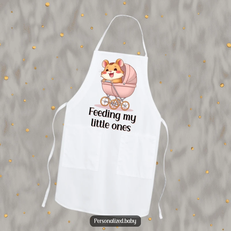 Funny Apron showing a happy hamster character pushing a large baby carriage, perfect for kitchen humor and pet lovers.