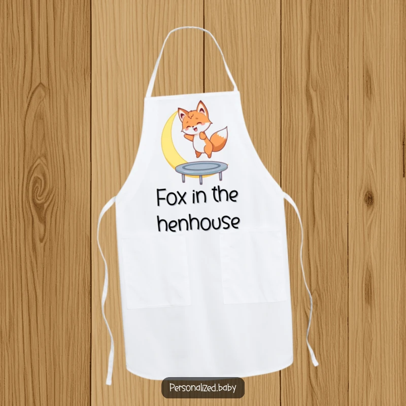 Funny apron with a fox cub bouncing on a crescent moon, a whimsical and practical kitchen accessory.