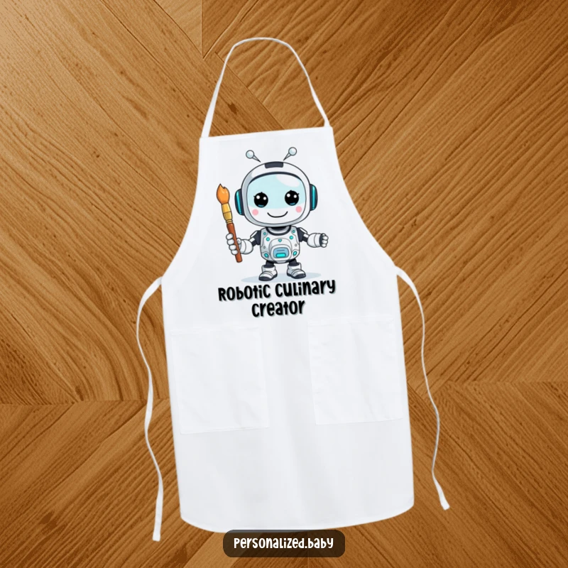 Funny apron print of a happy, buzzing AI robot character holding a paintbrush, ideal for painting or crafting.