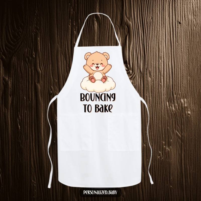 Funny Apron: A fluffy bear cub gleefully bounces on a cloud cushion, adding cheerful vibes to kitchen tasks.
