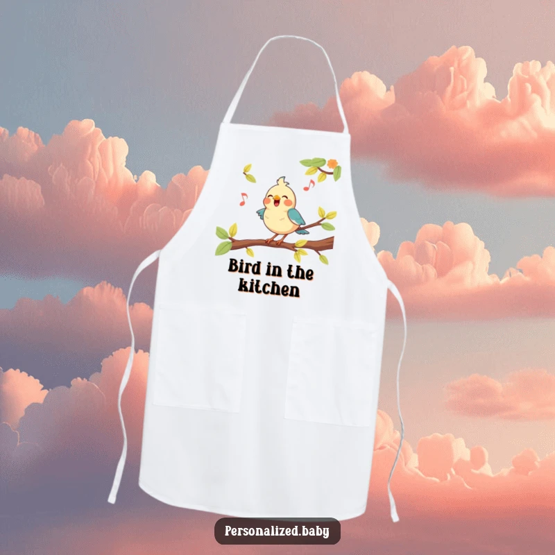 Funny, happy bird character perched on a branch, singing a tune, on this practical and amusing kitchen apron.