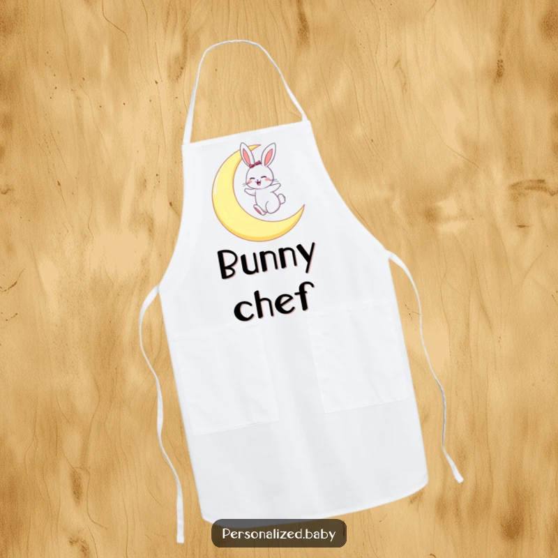 Funny apron with a giggling bunny hopping on a large crescent moon, ready for kitchen magic.