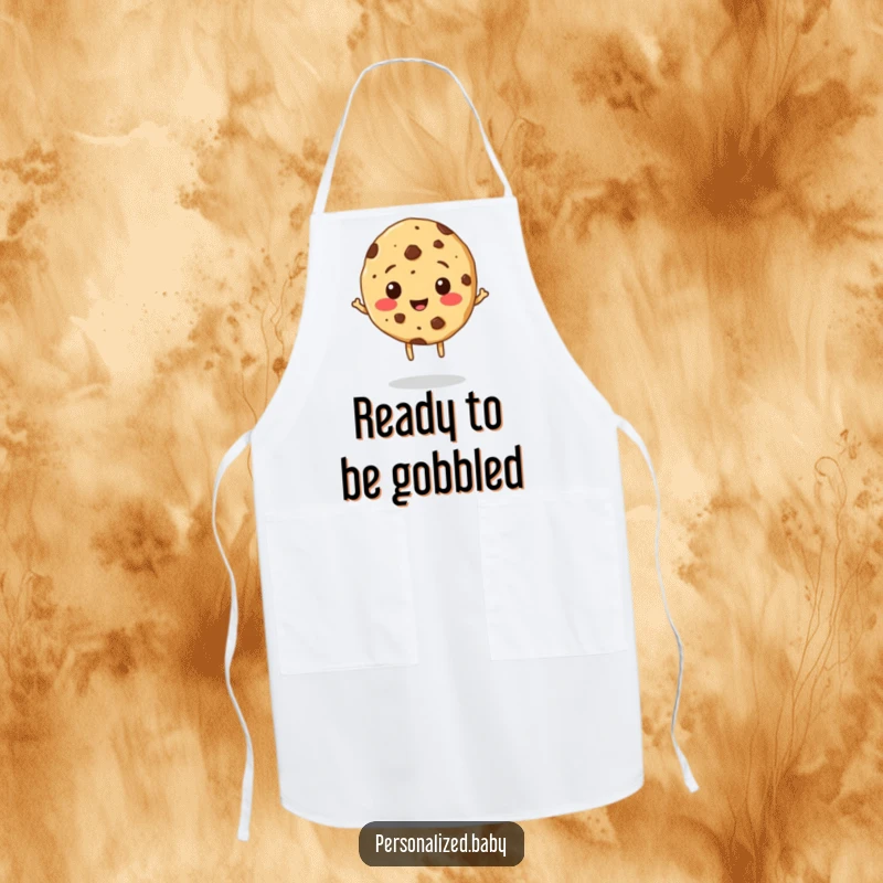 Funny Cookie Apron: A kitchen apron showcasing a cheerful, bouncing cookie with chocolate chip freckles, perfect for bakers.