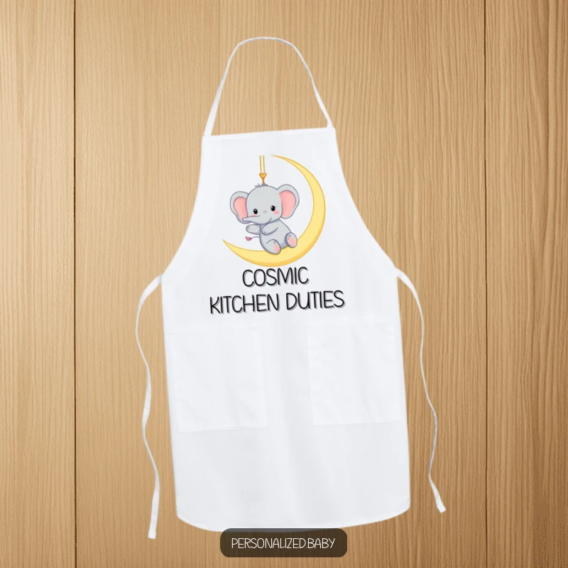 Funny apron featuring a tiny elephant gleefully swinging from a crescent moon, a humorous and practical accessory for nighttime chefs.