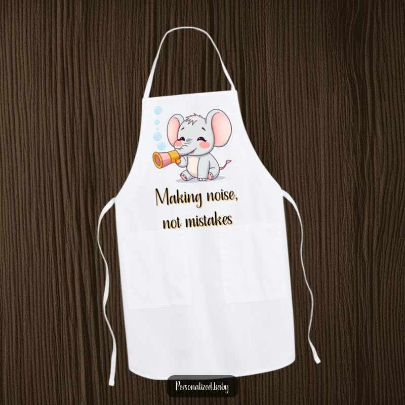 Funny apron with a tiny, happy elephant playing a toy trumpet and blowing a stream of bubbles, ideal for a cheerful kitchen.