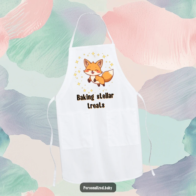 Funny Apron showing a smiling fox leaping through twinkling constellations, ideal for adding whimsy to cooking.