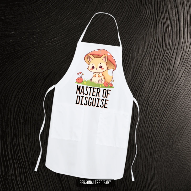 Funny Apron: Mischievous fox kit peeking from behind a giant mushroom, adding playful charm and a hint of mystery to cooking.