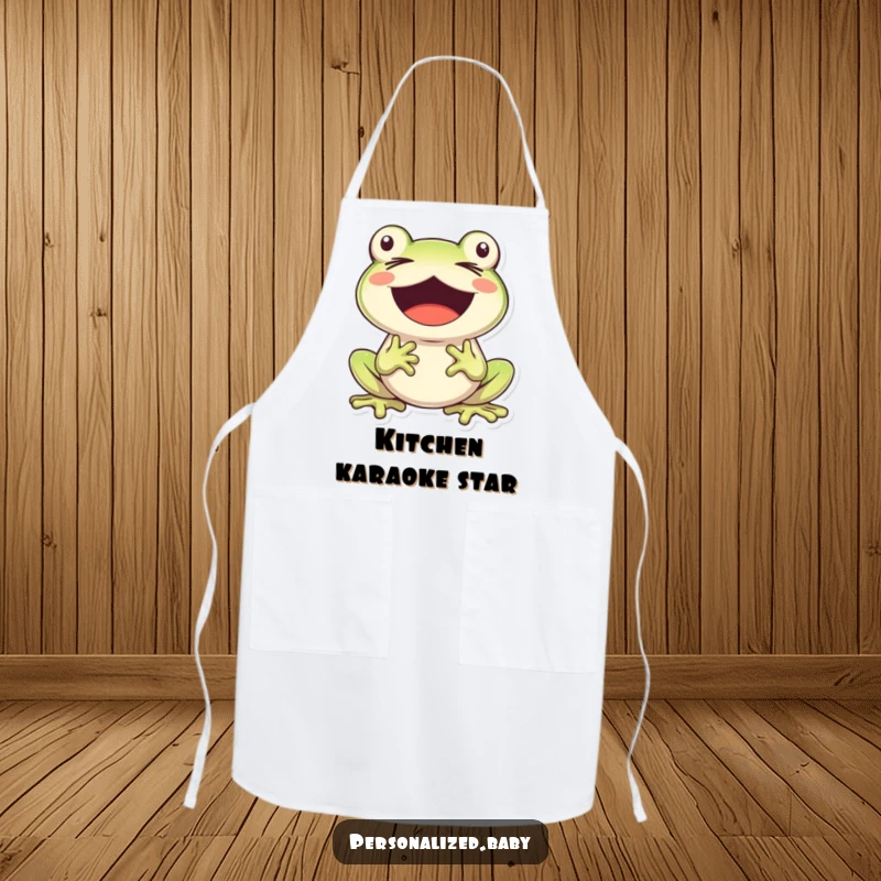 Funny, cheerful frog character singing with eyes closed and mouth wide open, on this practical and amusing kitchen apron.