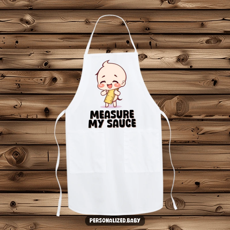 Funny ruler character hilariously bent in half with laughter, printed on an apron for kitchen humor.