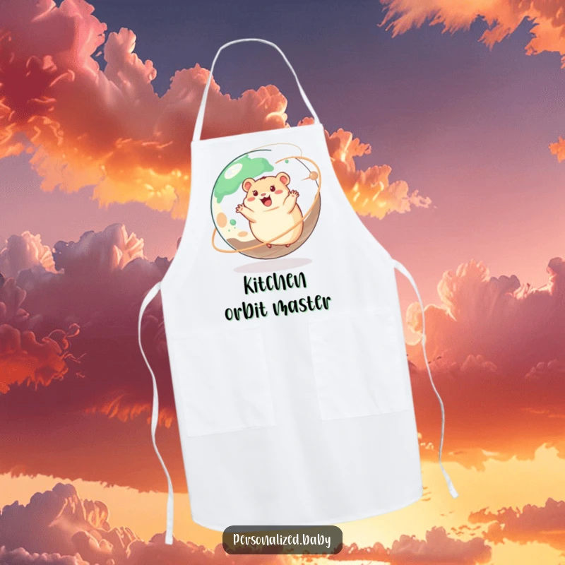 Funny apron showing a happy hamster running on a spinning planet, perfect for cooking and kitchen fun.