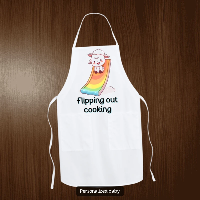 Funny Apron showing a giggling lamb tumbling down a shimmering rainbow slide, perfect for cooks and lovers of fun.