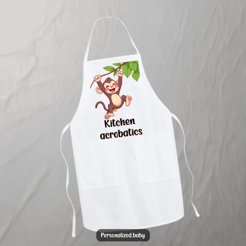Funny baby monkey apron, swinging from a vine while cooking, laughing with kitchen chaos, fun chef apparel.