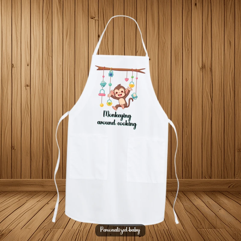 Funny Apron showcasing a mischievous monkey tangled in a pacifier mobile, perfect for kitchen humor and parents.