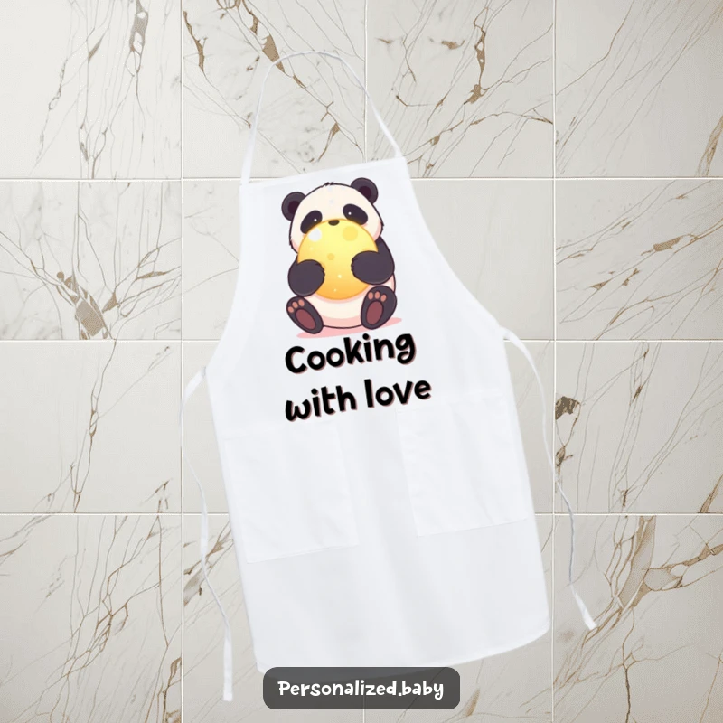 Funny apron featuring a sweet panda bear hugging a glowing planet, adding humor and environmental love to kitchen activities.