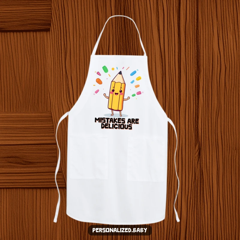 Funny anthropomorphic pencil character juggling colorful eraser marks, printed on an apron for artistic and culinary endeavors.