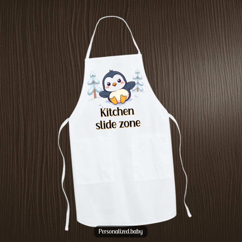 Funny penguin chick sliding down a snowy slope while wearing an apron, humorous kitchen accessory.