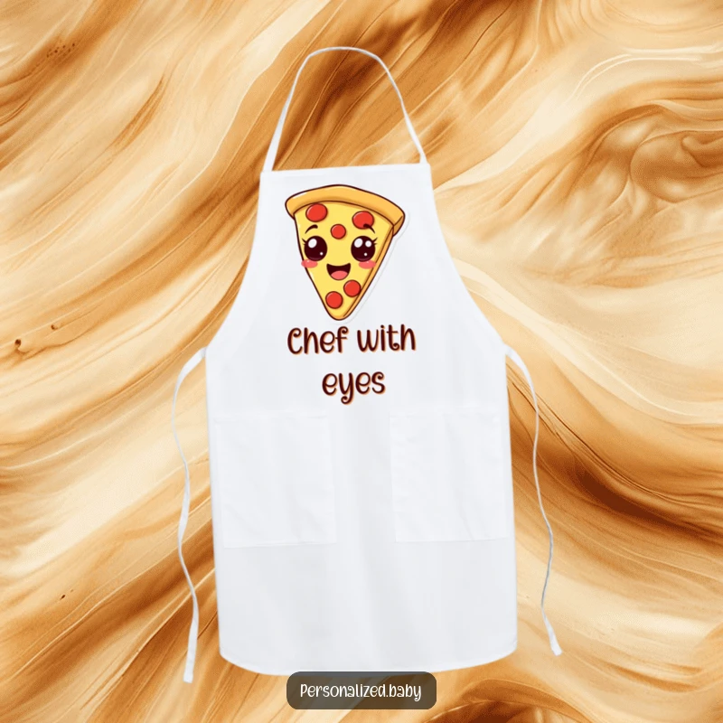 Funny apron featuring a smiling, bouncy pizza slice with pepperoni eyes, ideal for cooking and adding humor to the kitchen, great funny gift.