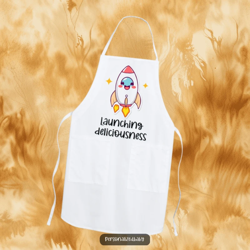 Funny Apron: Beaming rocket ship character launches happily. A humorous and practical funny gift for astronauts.