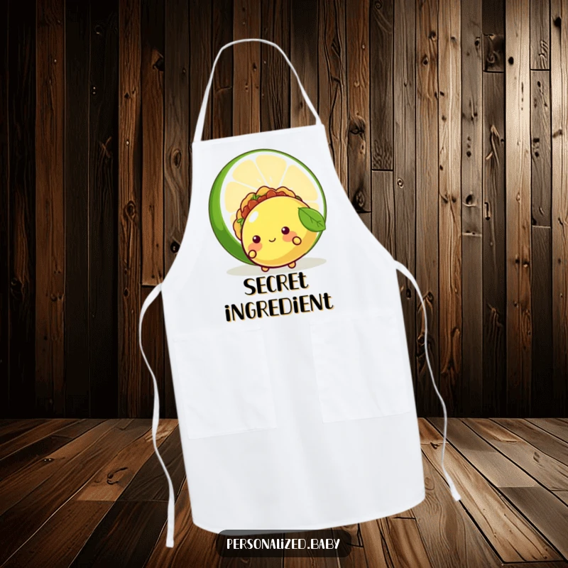 Funny apron featuring a shy taco character peeking from behind a lime, ideal for cooking and adding humor to the kitchen, great funny gift.