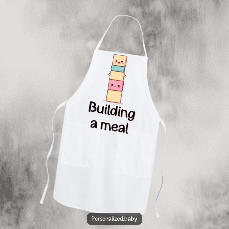 Funny smiling stacking block character in a wobbly stack, a humorous apron for a playful, comedic cooking experience.