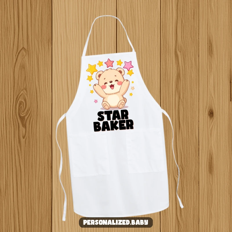 Funny apron with a bear cub juggling stars, a whimsical and practical kitchen accessory for culinary creativity.