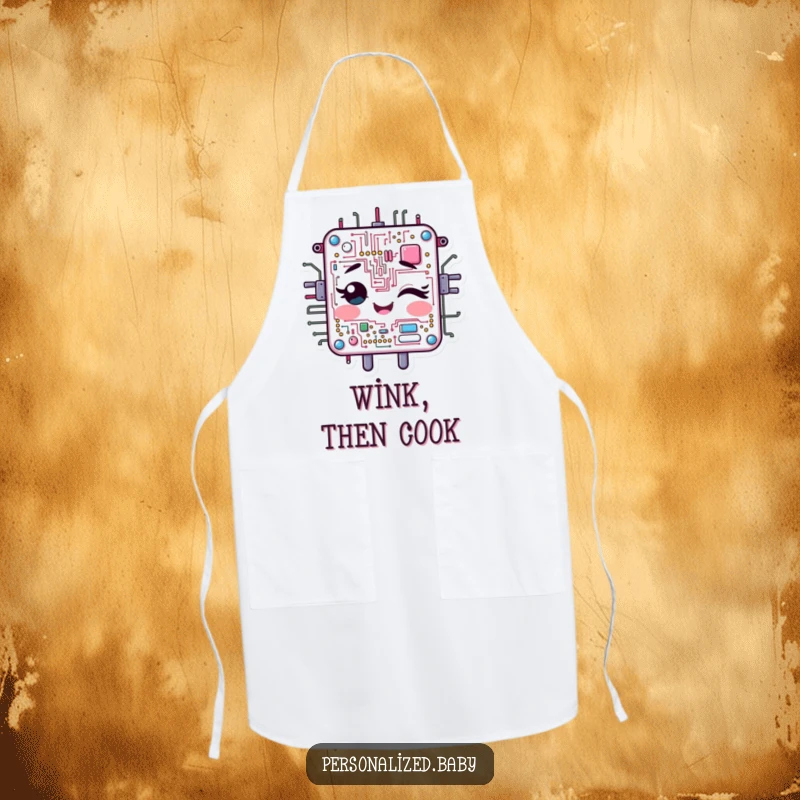 Funny Apron: Cheerful, animated circuit board character winks. A humorous and practical funny gift.