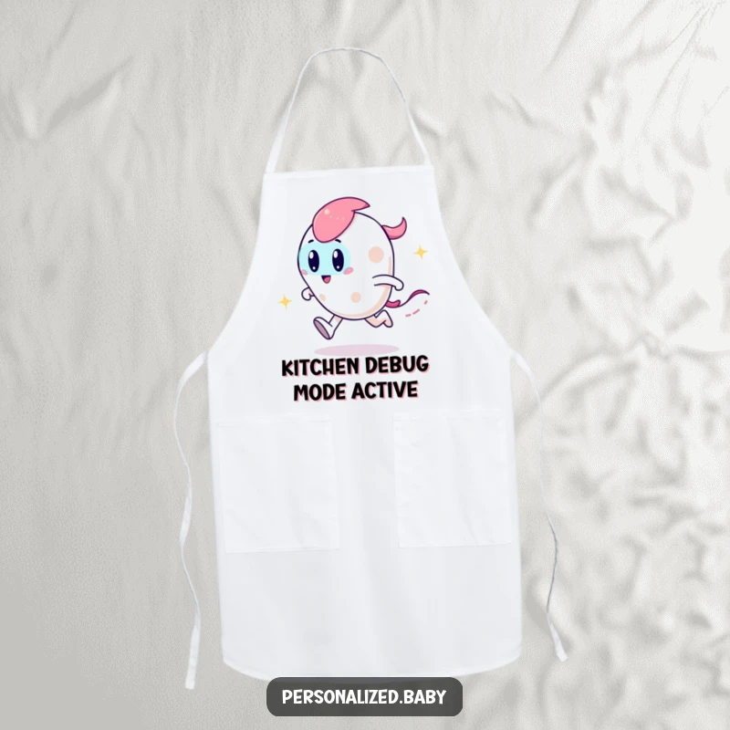 Funny apron with a playful, zooming code character creating a sparkly trail, ideal for kitchen coders and chefs.