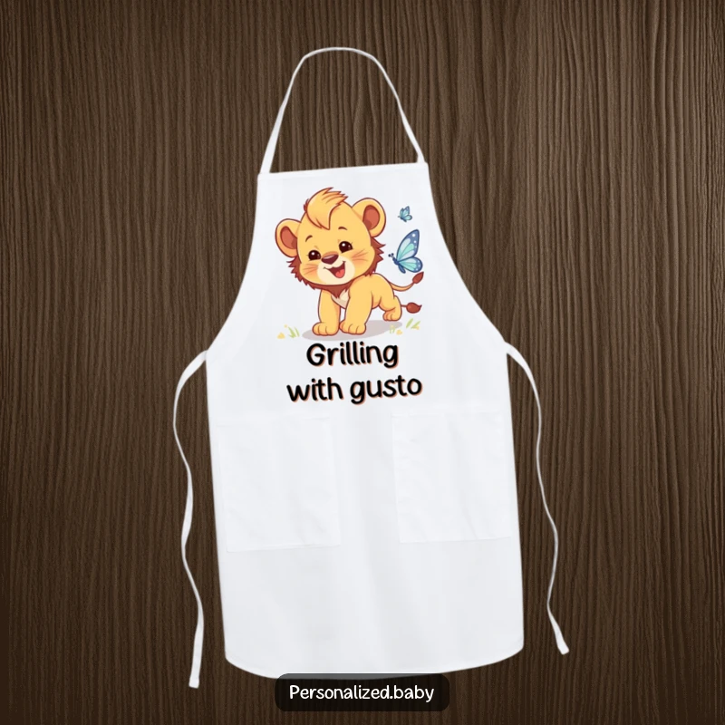 Funny apron depicting a clumsy baby lion cub with large ears chasing a shimmering butterfly in the kitchen.