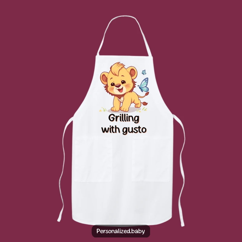 Funny Lion Cub Butterfly Chase Apron: Clumsy Cub Kitchen Wear for Fun Cooks
