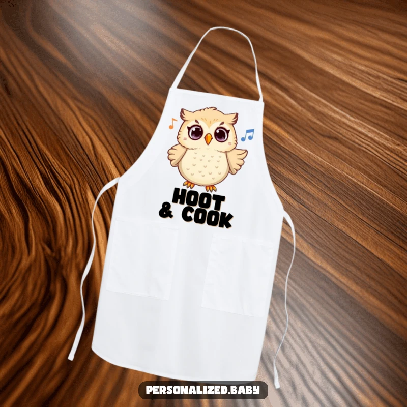 Funny Owl Melody Apron showing a surprised owl character hooting melodiously, bringing whimsical humor to kitchen tasks.