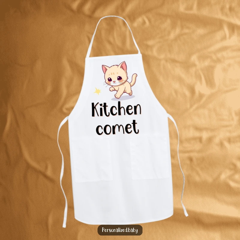 Funny apron with a curious kitten chasing a sparkly comet tail, ready for cosmic kitchen pursuits.