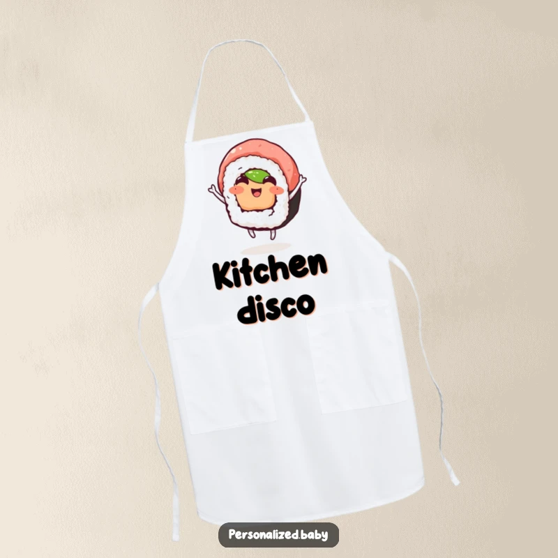 Funny apron featuring a happy, dancing sushi roll, ideal for cooking and adding humor to the kitchen, great funny gift.