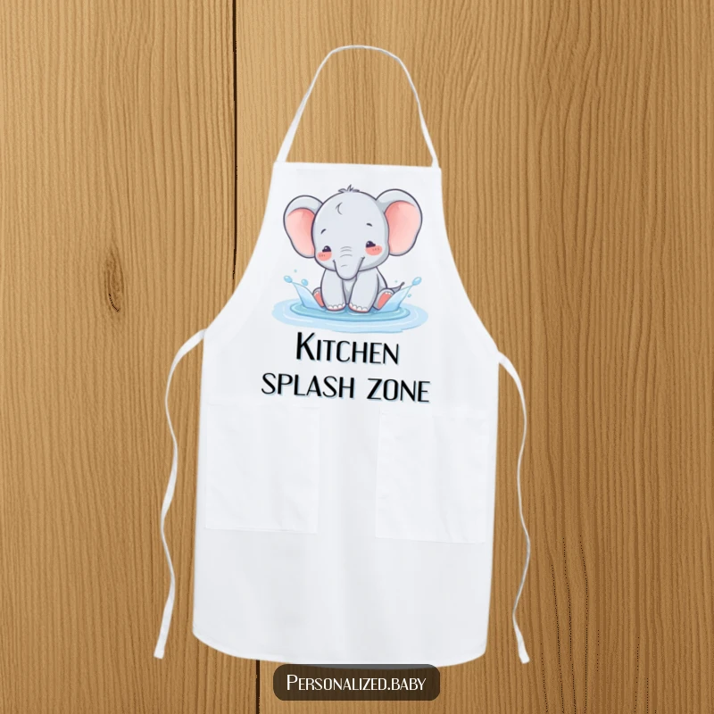 Funny baby elephant splashing happily in a puddle while wearing an apron, humorous kitchen accessory.