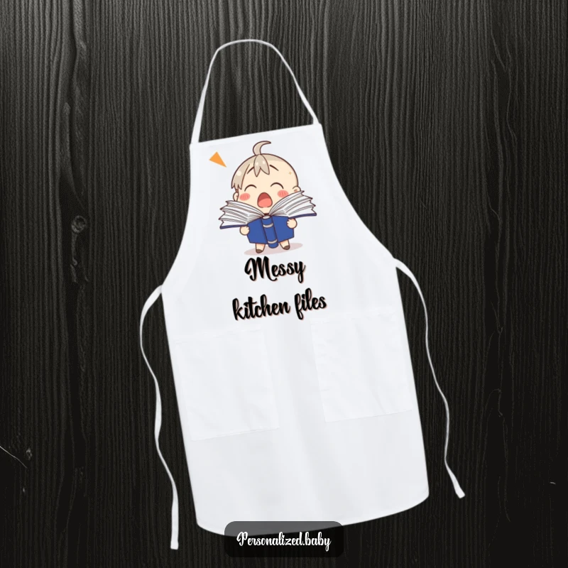 Funny binder apron featuring a shocked binder character with pages fanning out, adding humor to the kitchen.