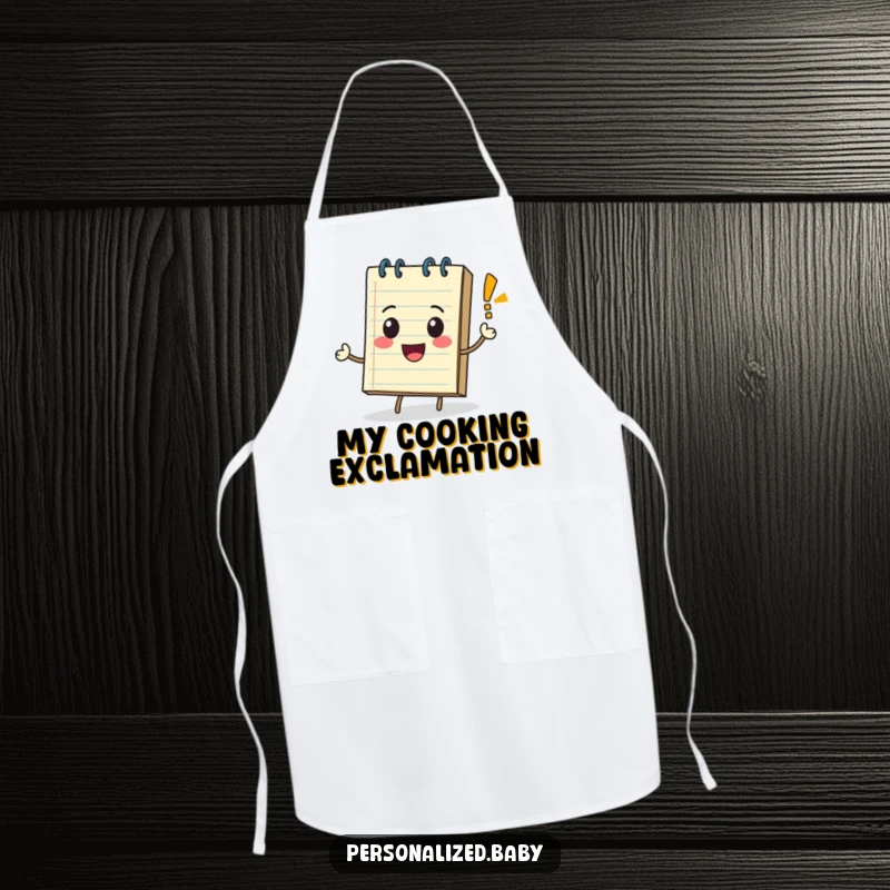 Playful notepad character rolling with a bouncing exclamation mark, printed on an apron for creative expression.