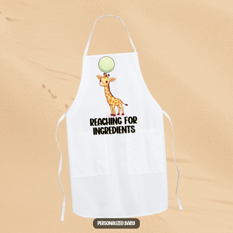 Funny giraffe calf stretching its neck towards a floating balloon while wearing an apron, humorous kitchen accessory.