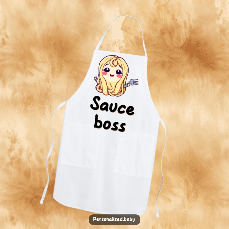 Funny Apron: Smiling wiggling spaghetti noodle character with a fork, a humorous take on pasta preparation, a unique funny gift.