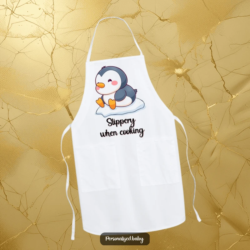 Funny chubby baby penguin apron, sliding down a snowy hill during kitchen duties, whimsical chef apparel.