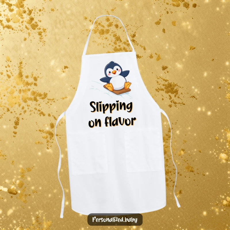 Funny apron featuring a happy penguin sliding down a starry, icy slope, perfect for adding humor to cooking and kitchen activities.