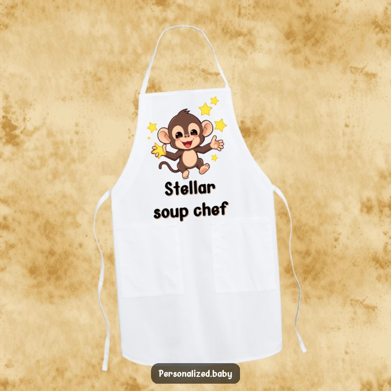 Funny apron featuring a mischievous monkey juggling bright, glowing stars, a humorous and practical kitchen accessory.